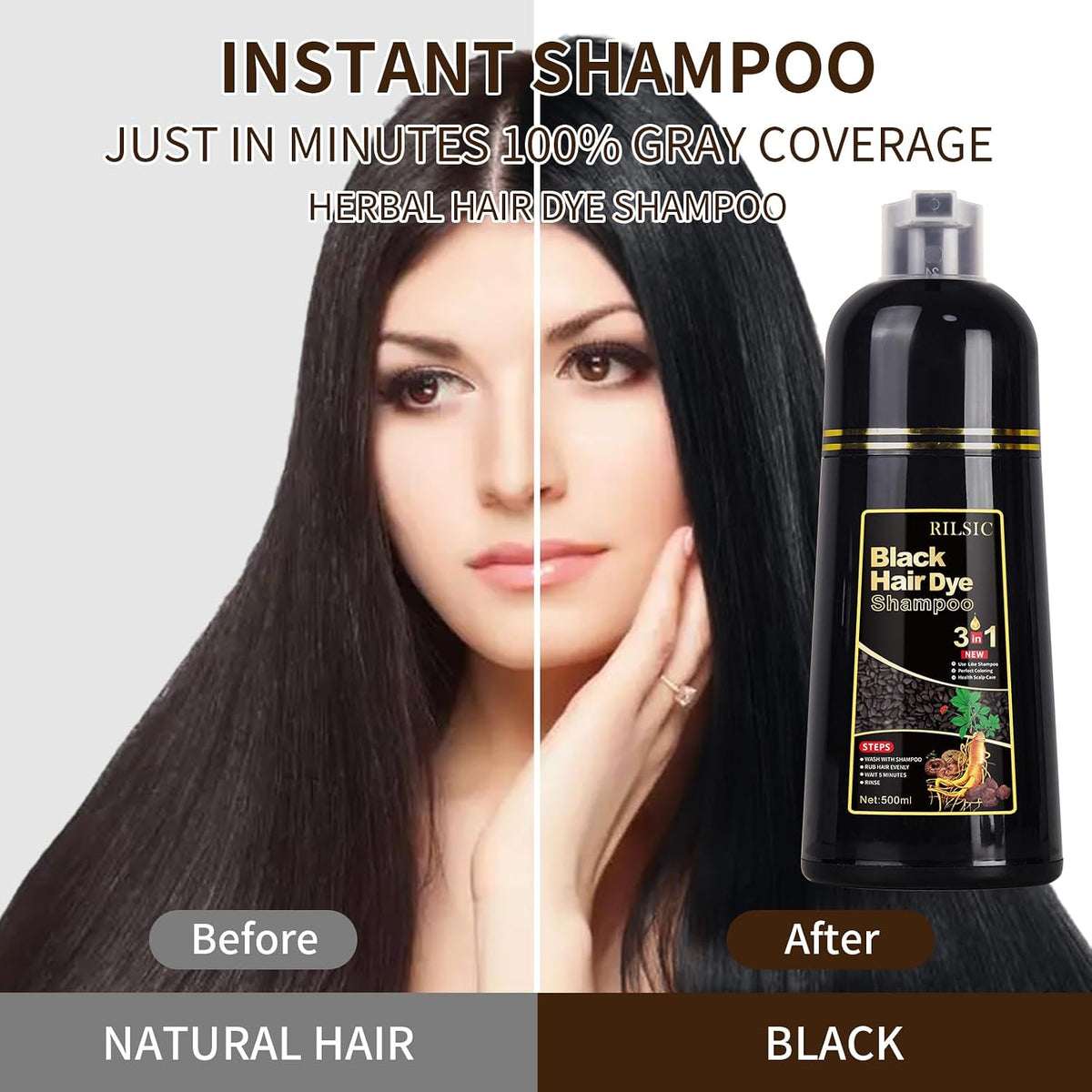 Black Hair Dye Shampoo 3 En 1 Cubre Canas, Champú Tinte Negro Cubrir Canas