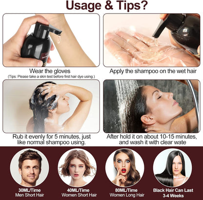 Black Hair Dye Shampoo 3 En 1 Cubre Canas, Champú Tinte Negro Cubrir Canas