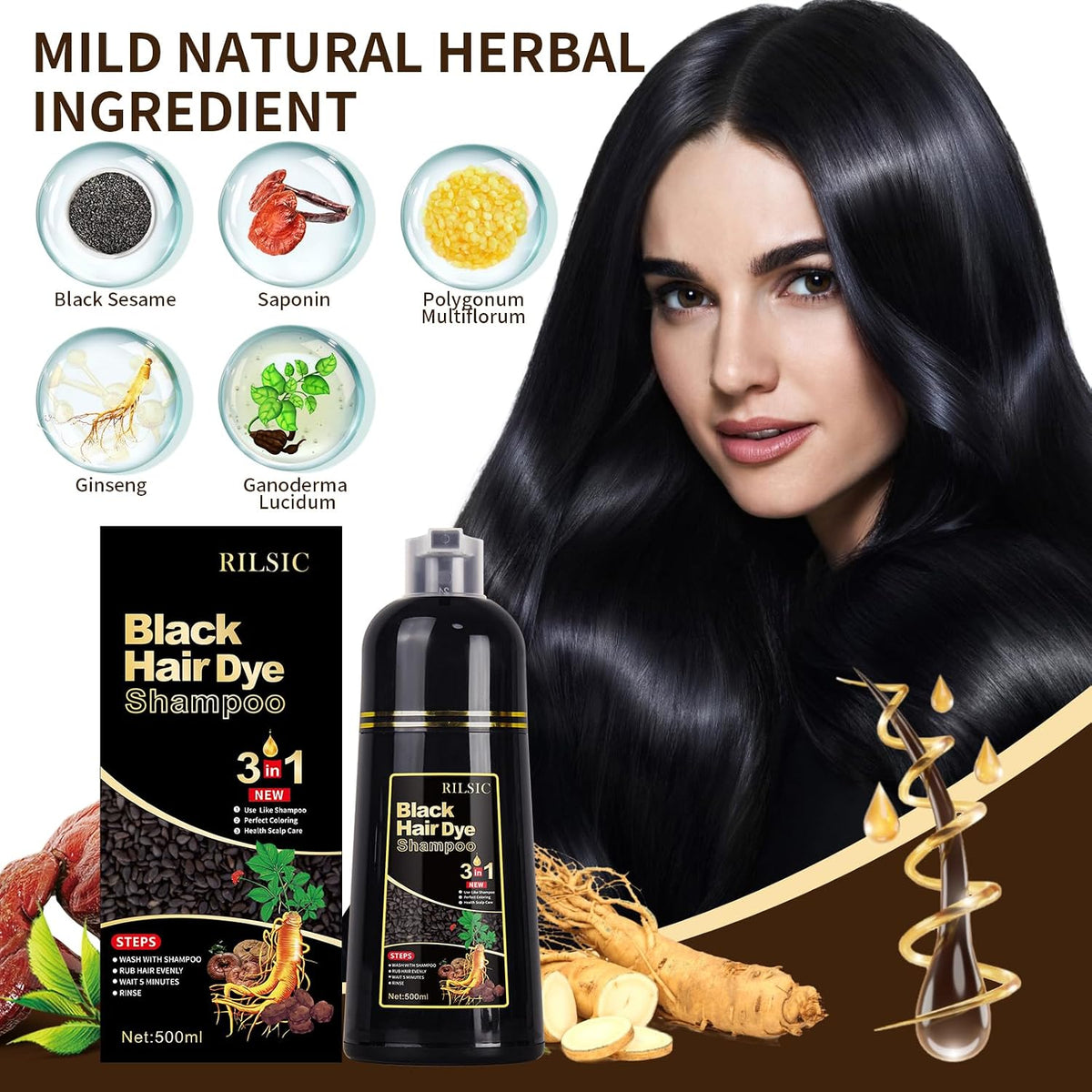 Black Hair Dye Shampoo 3 En 1 Cubre Canas, Champú Tinte Negro Cubrir Canas
