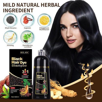 Black Hair Dye Shampoo 3 En 1 Cubre Canas, Champú Tinte Negro Cubrir Canas