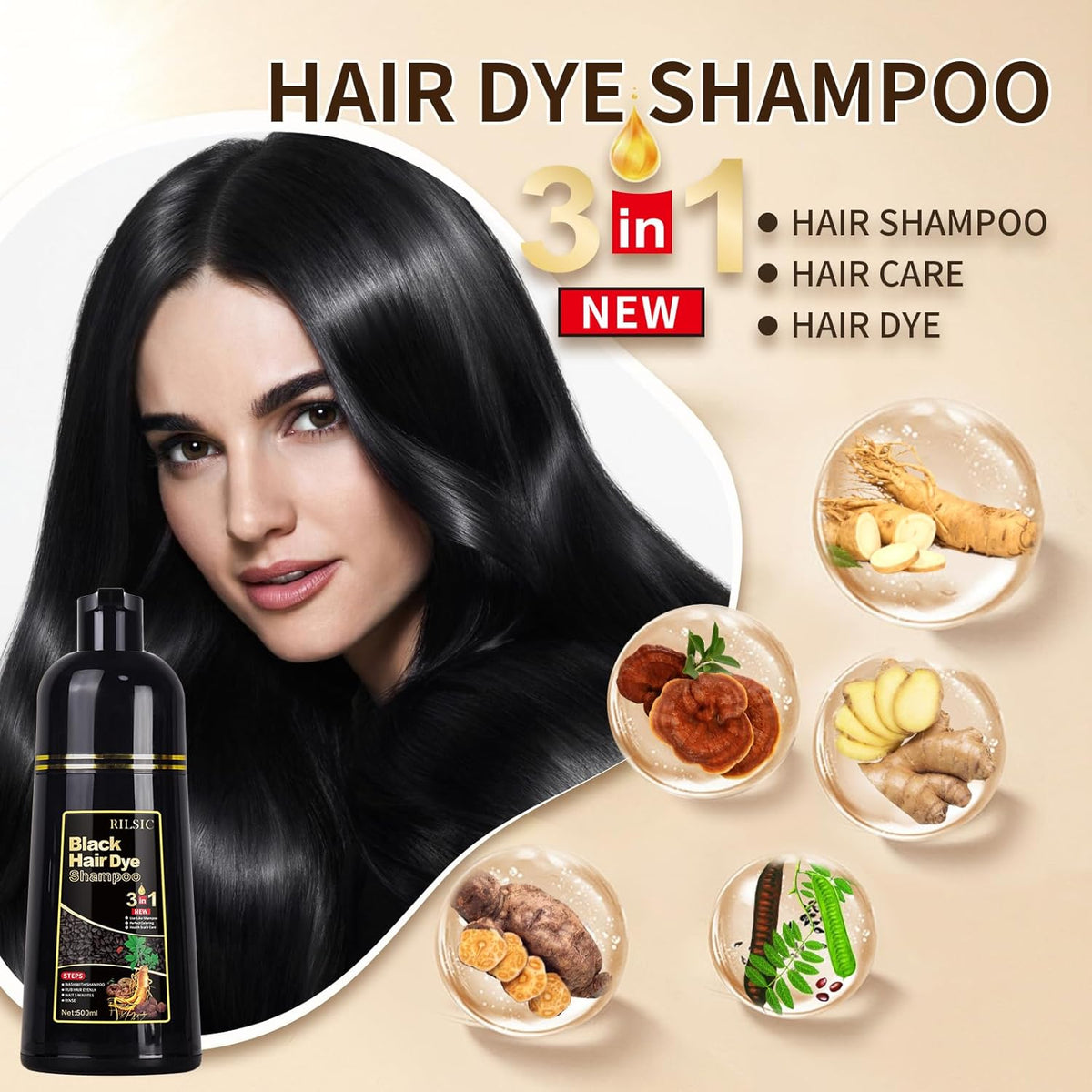 Black Hair Dye Shampoo 3 En 1 Cubre Canas, Champú Tinte Negro Cubrir Canas