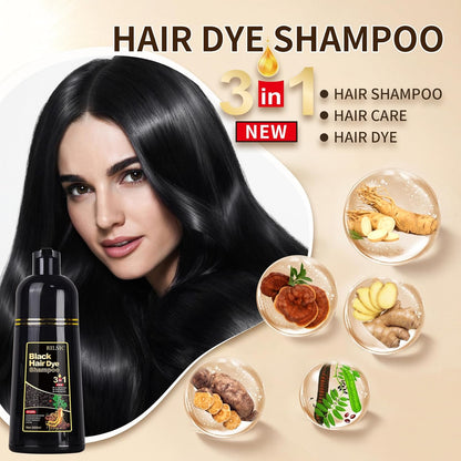 Black Hair Dye Shampoo 3 En 1 Cubre Canas, Champú Tinte Negro Cubrir Canas